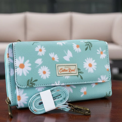Cotton Road Wallet: Large BLUE PVC Cellphone Sling Wallet with DAISIES