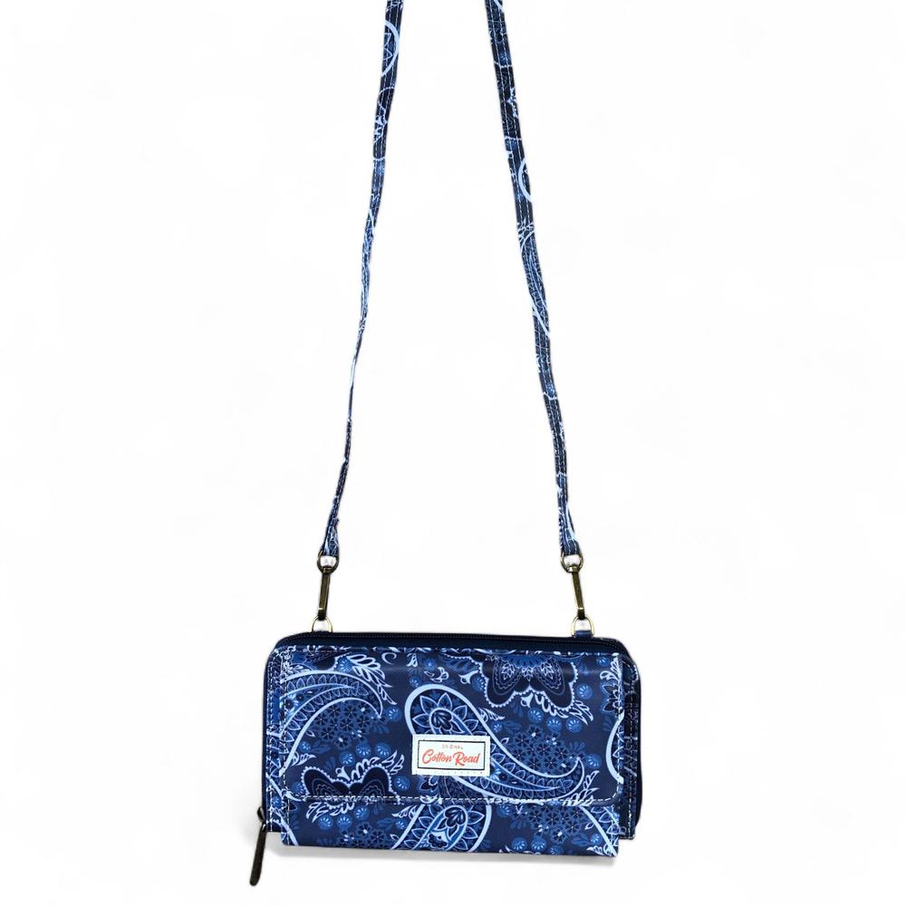 Cotton Road Wallet: Large BLUE PVC Cellphone Sling Wallet with PAISLEY detailing