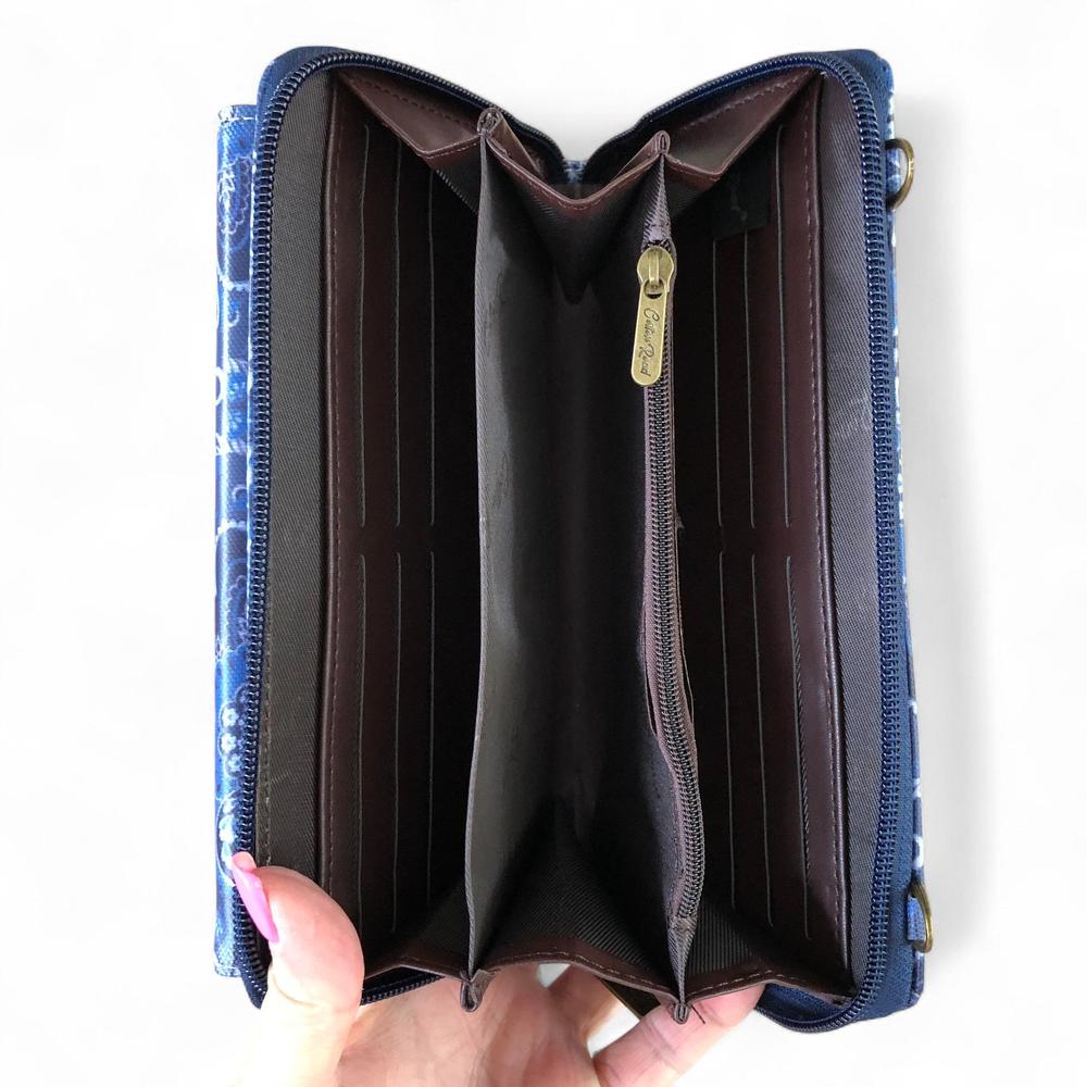 Cotton Road Wallet: Large BLUE PVC Cellphone Sling Wallet with PAISLEY detailing