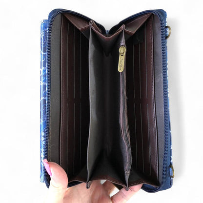 Cotton Road Wallet: Large BLUE PVC Cellphone Sling Wallet with PAISLEY detailing