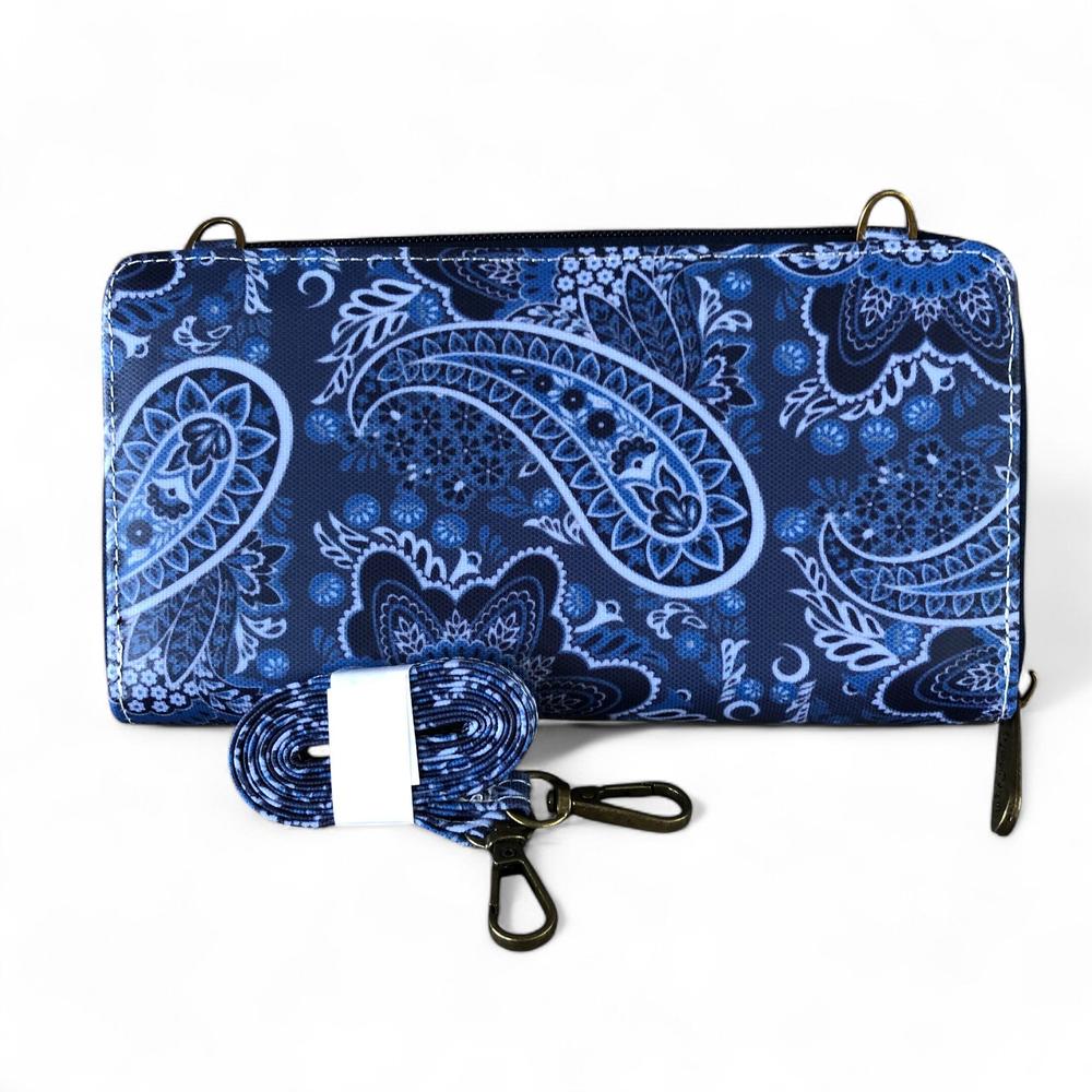 Cotton Road Wallet: Large BLUE PVC Cellphone Sling Wallet with PAISLEY detailing