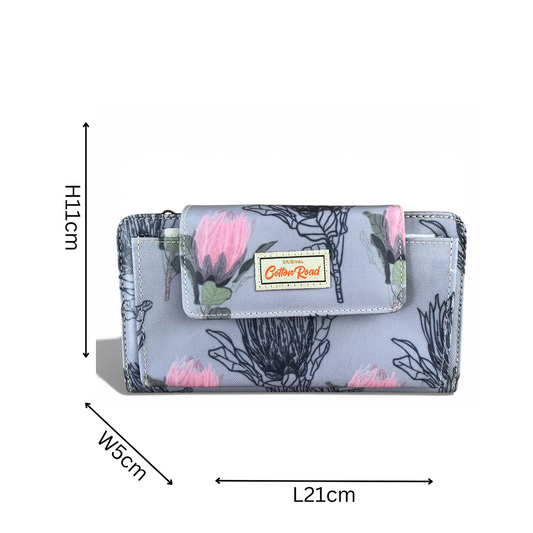 Cotton Road Wallet: Large BLUE PVC Cellphone Sling Wallet with PROTEA Design
