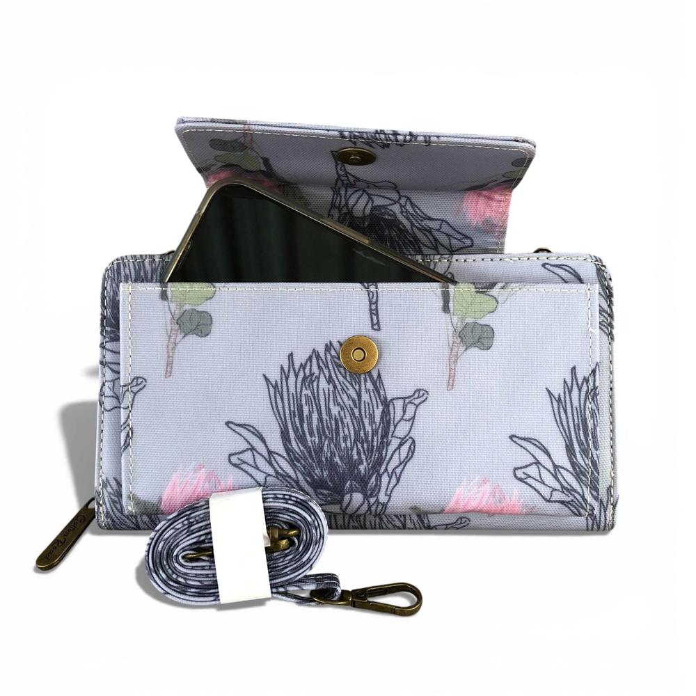 Cotton Road Wallet: Large BLUE PVC Cellphone Sling Wallet with PROTEA Design