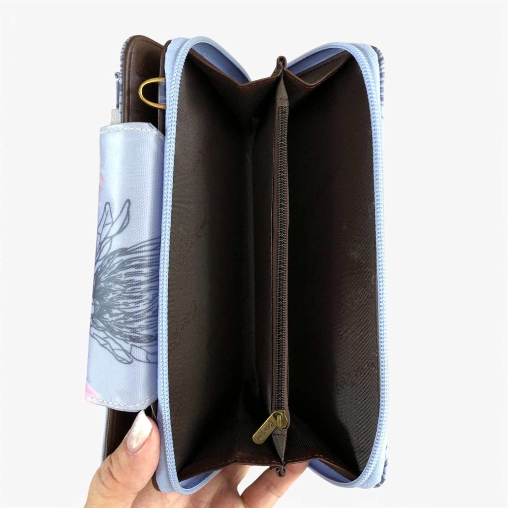 Cotton Road Wallet: Large BLUE PVC Cellphone Sling Wallet with PROTEA Design