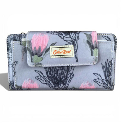 Cotton Road Wallet: Large BLUE PVC Cellphone Sling Wallet with PROTEA Design