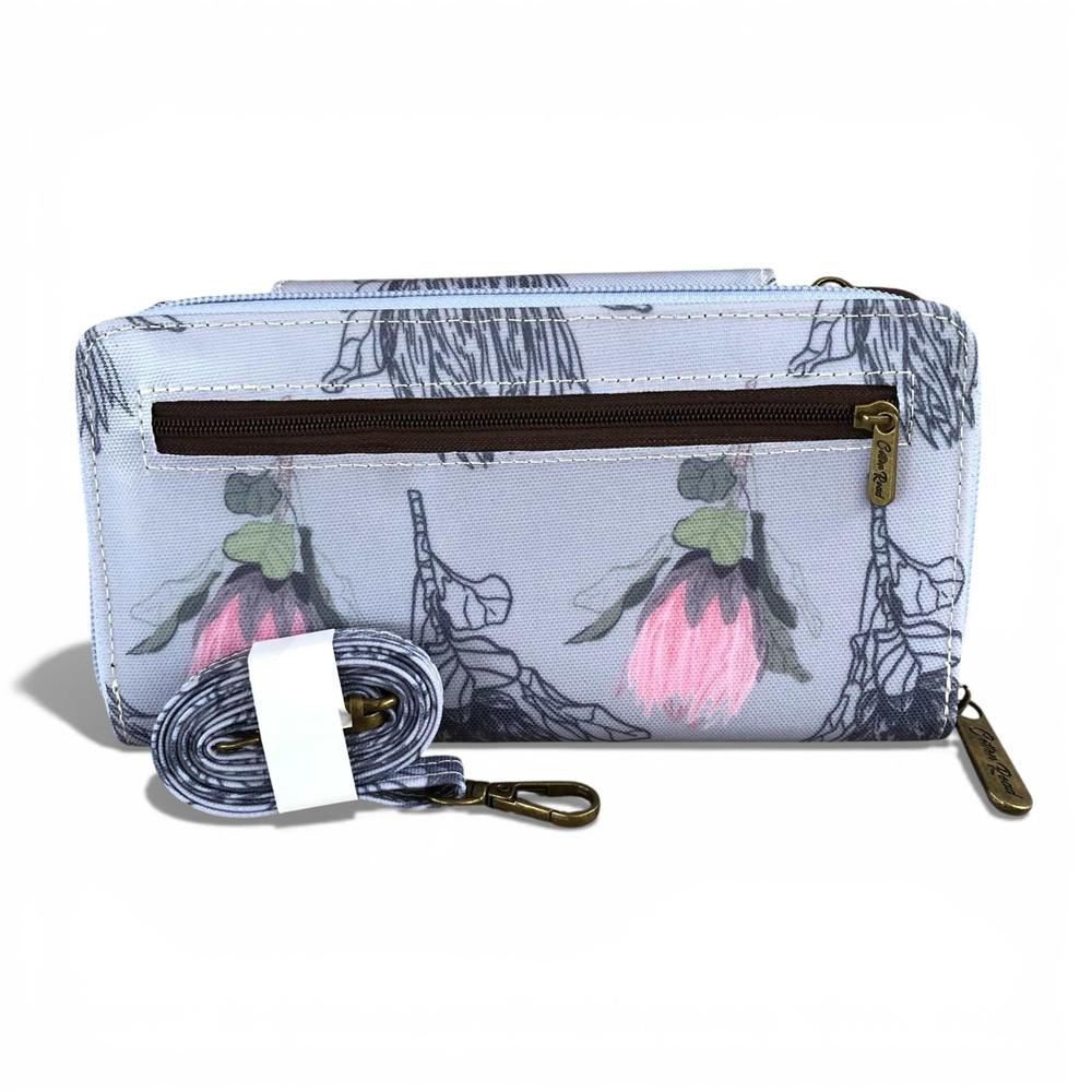 Cotton Road Wallet: Large BLUE PVC Cellphone Sling Wallet with PROTEA Design