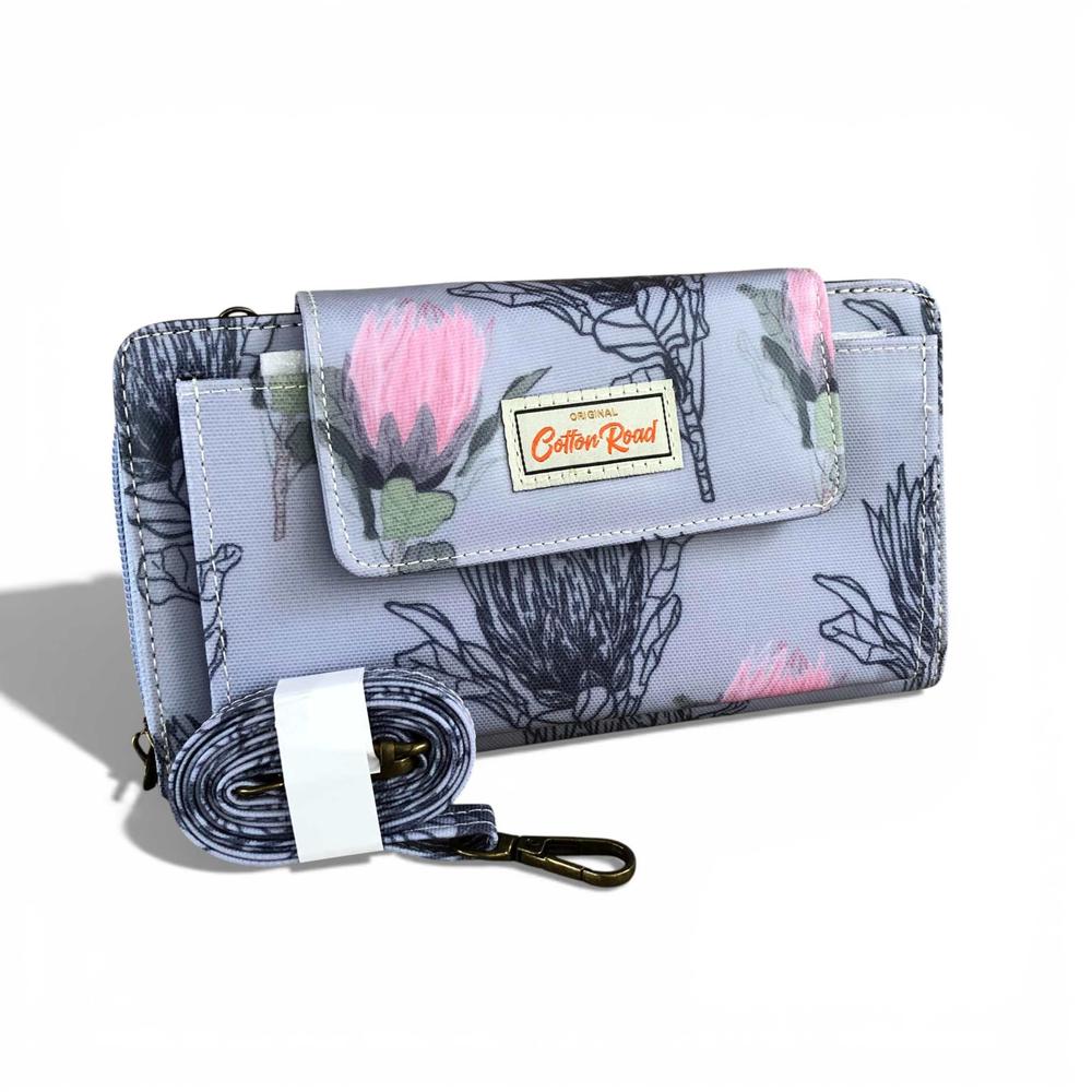 Cotton Road Wallet: Large BLUE PVC Cellphone Sling Wallet with PROTEA Design