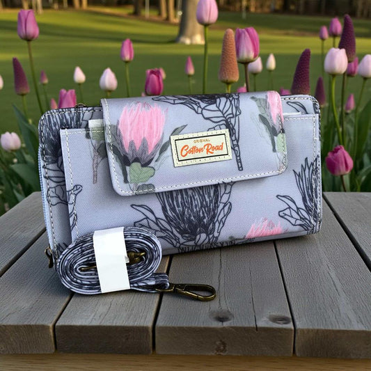 Cotton Road Wallet: Large BLUE PVC Cellphone Sling Wallet with PROTEA Design