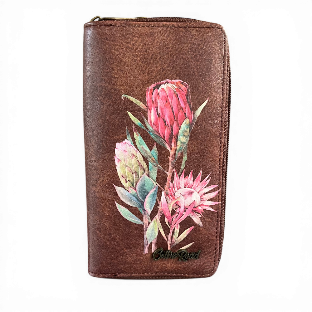 Cotton Road WALLET in brown PU leather with protea print FRONT