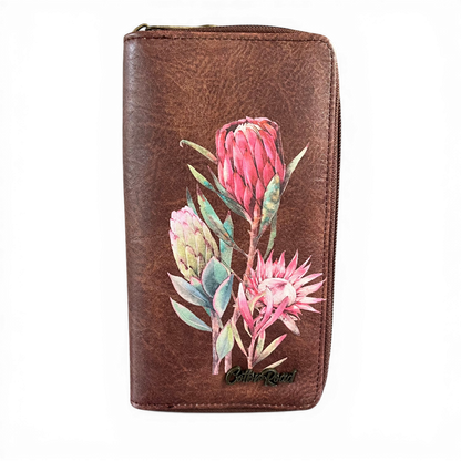 Cotton Road WALLET in brown PU leather with protea print FRONT