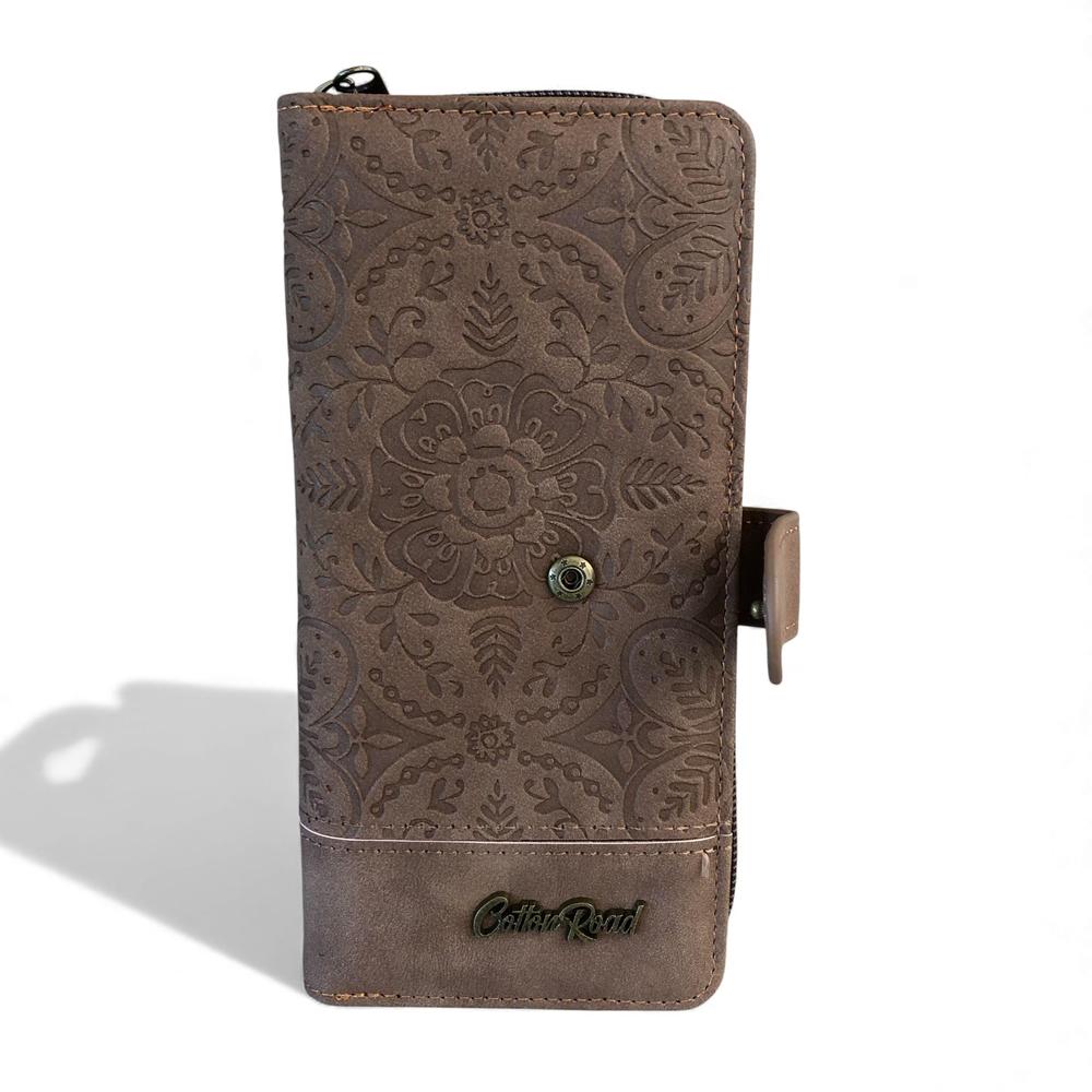 Cotton Road Wallet: Large BROWN PU Leather Wallet with EMBOSSED Print