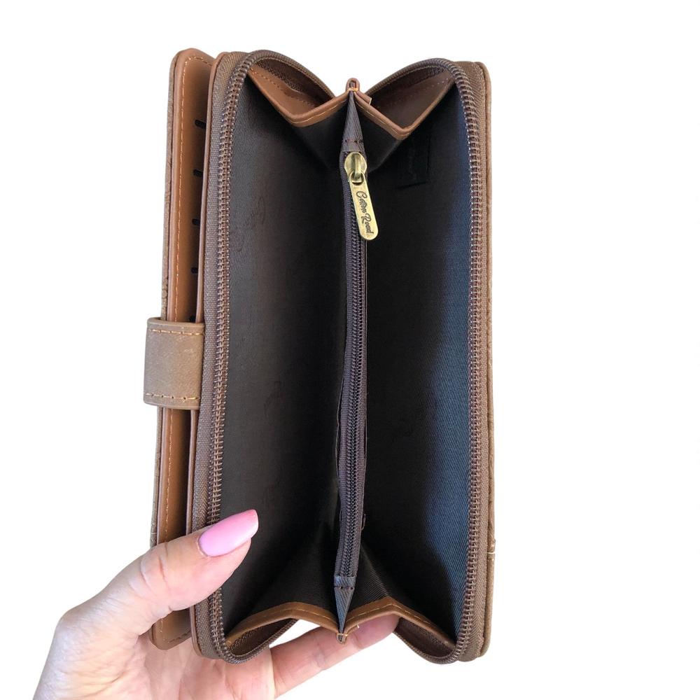 Cotton Road Wallet: Large BROWN PU Leather Wallet with EMBOSSED Print