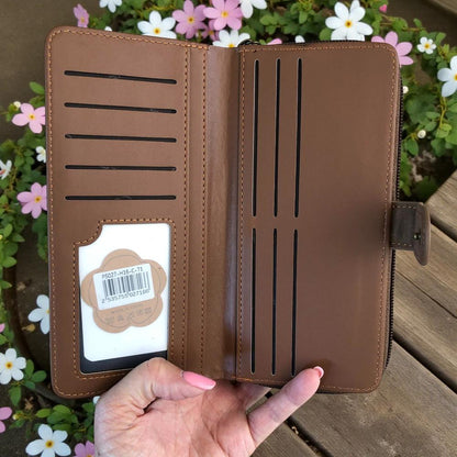 Cotton Road Wallet: Large BROWN PU Leather Wallet with EMBOSSED Print