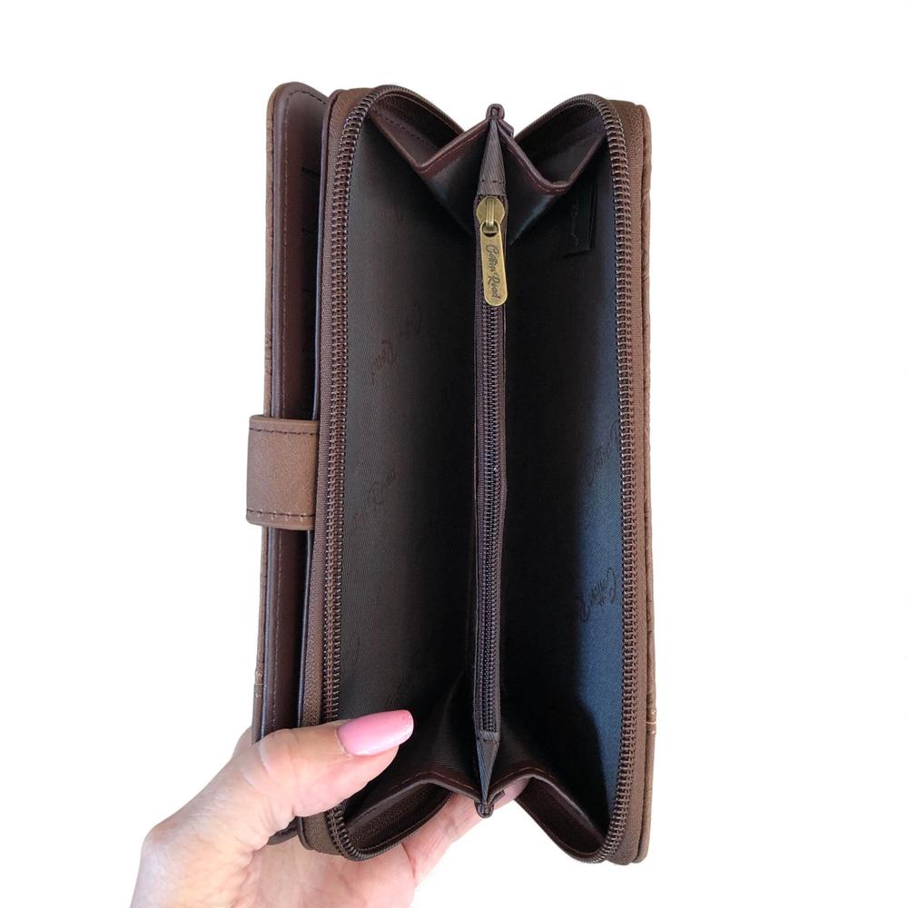 Cotton Road Wallet: Large COFFEE BROWN PU Leather Wallet with EMBOSSED Print
