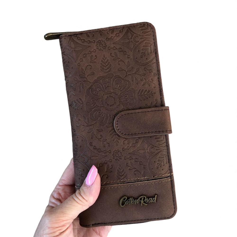 Cotton Road Wallet: Large COFFEE BROWN PU Leather Wallet with EMBOSSED Print