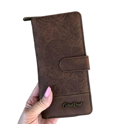 Cotton Road Wallet: Large COFFEE BROWN PU Leather Wallet with EMBOSSED Print