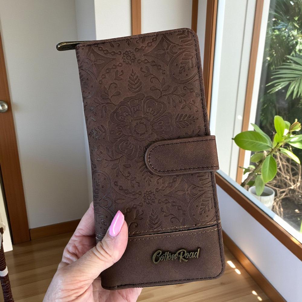 Cotton Road Wallet: Large COFFEE BROWN PU Leather Wallet with EMBOSSED Print