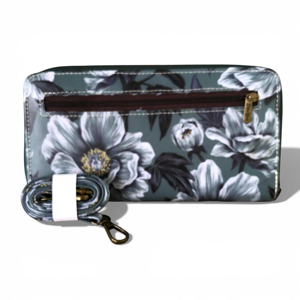Cotton Road Wallet: Large GREEN FLORAL PVC Cellphone Sling Wallet back view