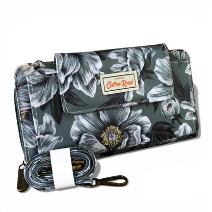 Cotton Road Wallet: Large GREEN FLORAL PVC Cellphone Sling Wallet formal front view