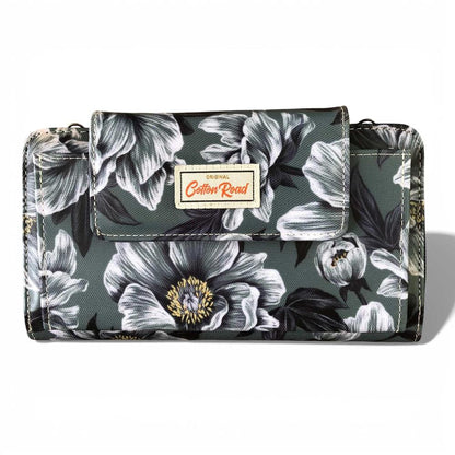Cotton Road Wallet: Large GREEN FLORAL PVC Cellphone Sling Wallet on white