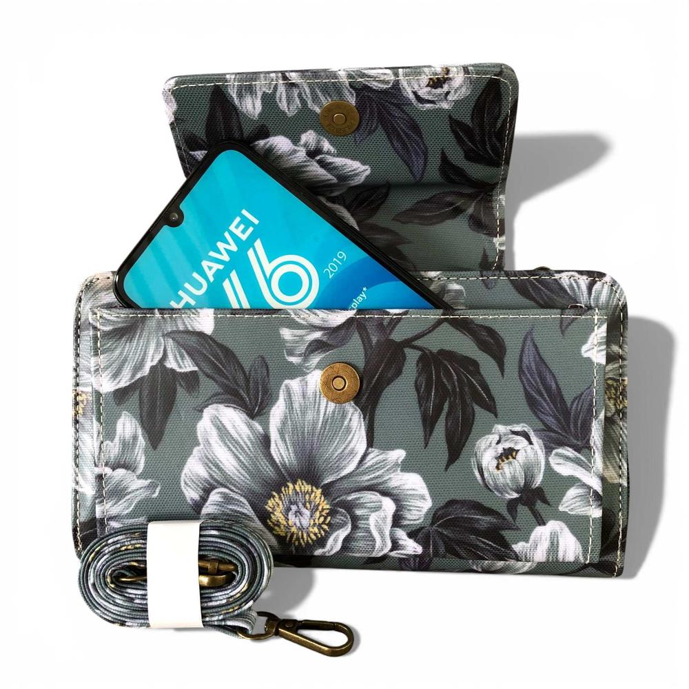 Cotton Road Wallet: Large GREEN FLORAL PVC Cellphone Sling Wallet with open flap