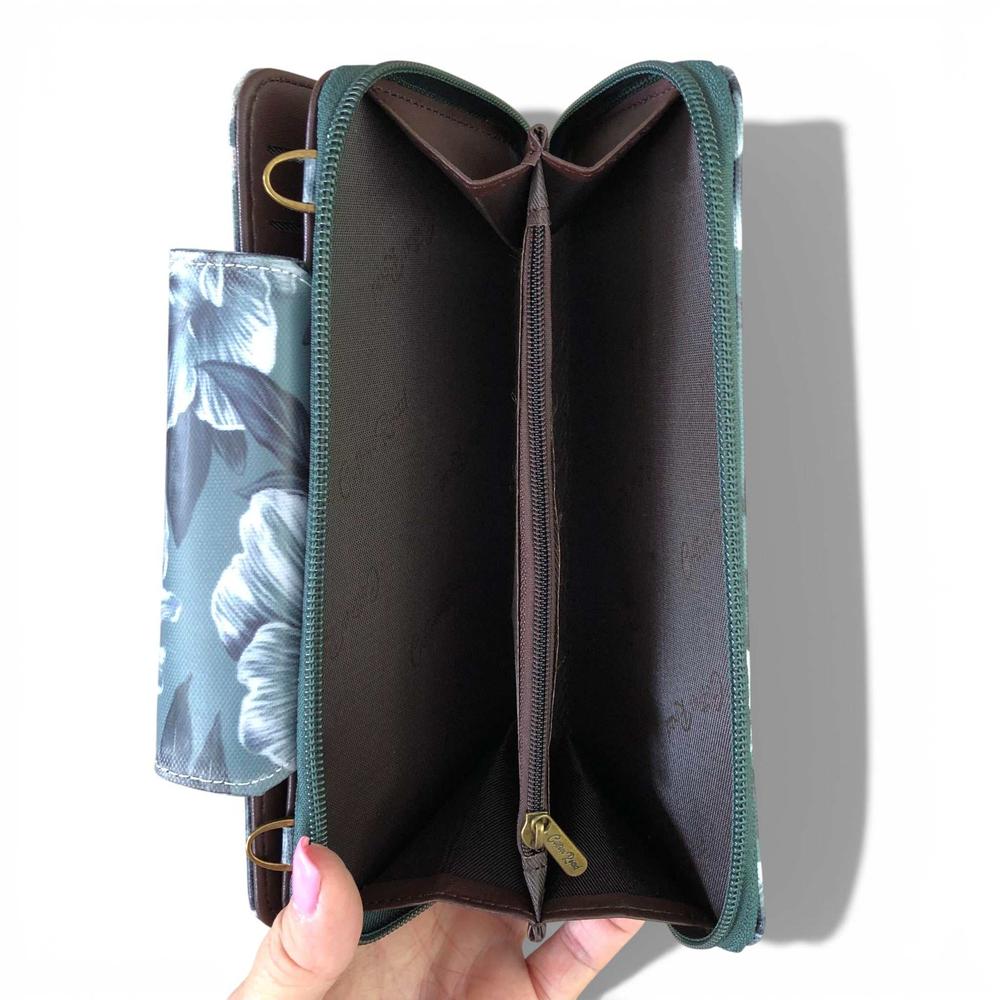 Cotton Road Wallet: Large GREEN FLORAL PVC Cellphone Sling Wallet open
