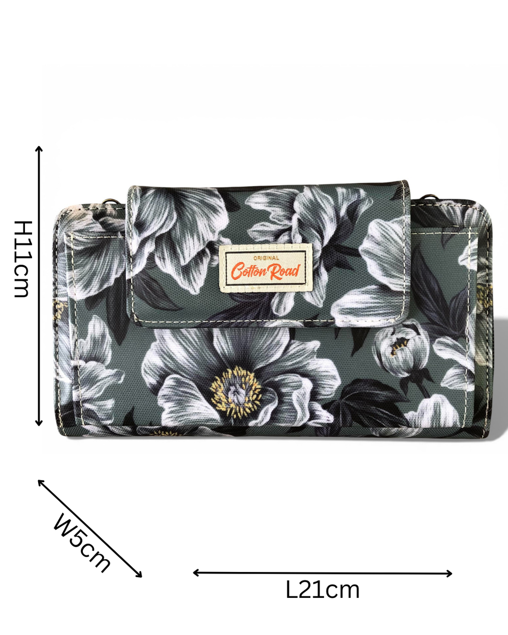 Cotton Road Wallet: Large GREEN FLORAL PVC Cellphone Sling Wallet with sizes
