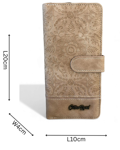 Cotton Road Wallet: Large KHAKI PU Leather Wallet with EMBOSSED Print