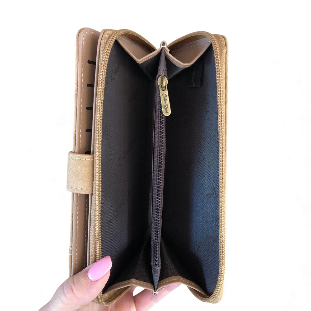 Cotton Road Wallet: Large KHAKI PU Leather Wallet with EMBOSSED Print