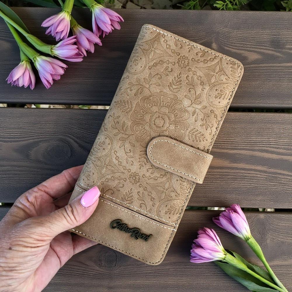 Cotton Road Wallet: Large KHAKI PU Leather Wallet with EMBOSSED Print