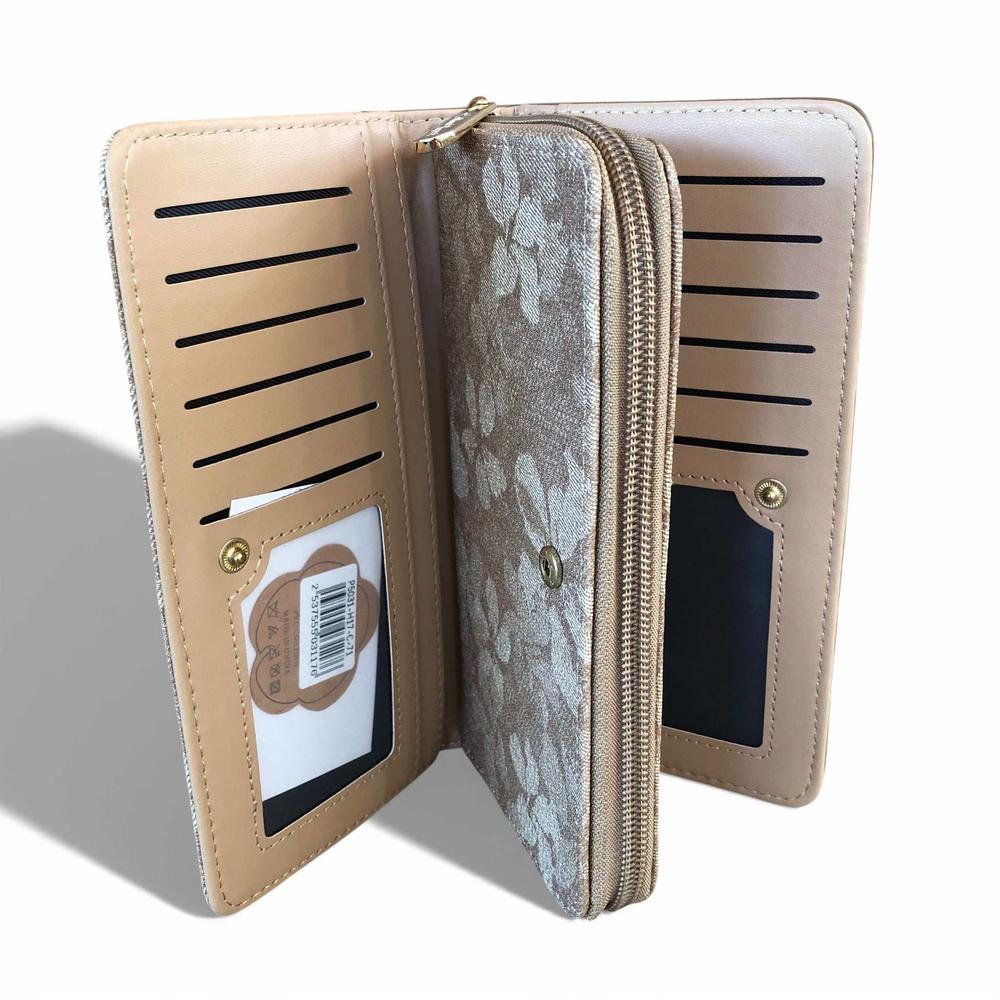Cotton Road Wallet: Large KHAKI PU Leather Wallet with FLORAL detailing