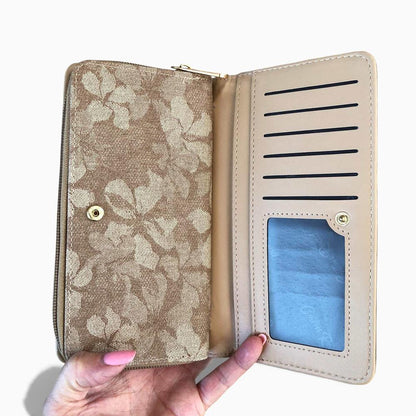 Cotton Road Wallet: Large KHAKI PU Leather Wallet with FLORAL detailing