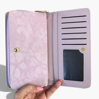 Cotton Road Wallet: Large LILAC PU Leather Wallet with FLORAL detailing