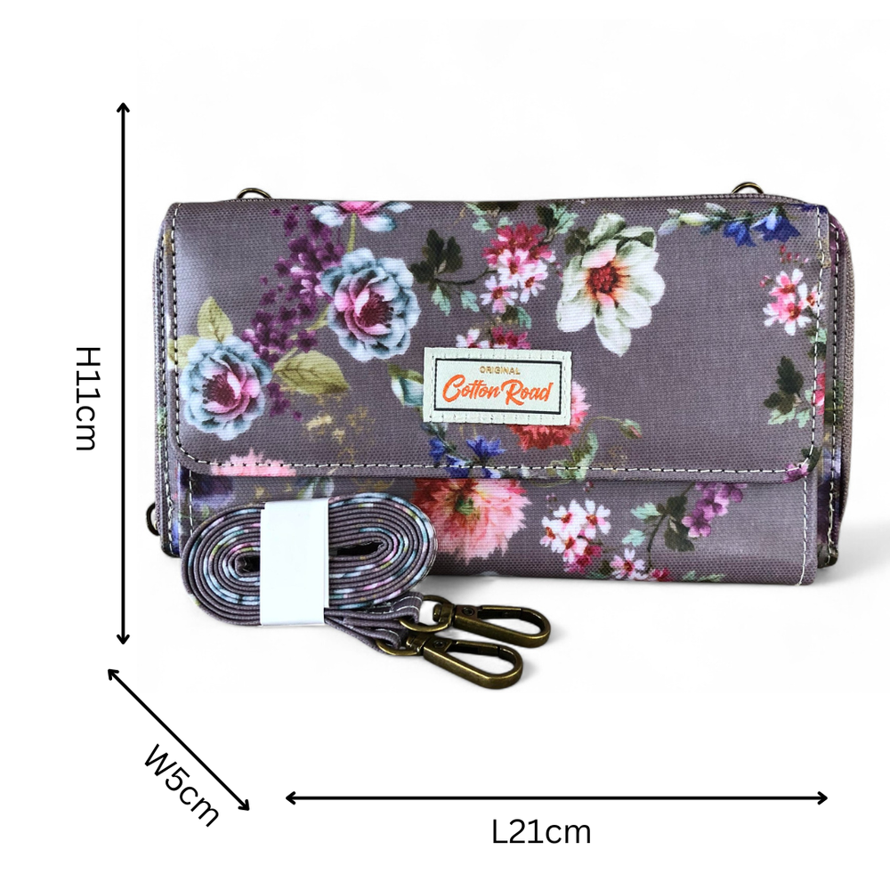 Cotton Road Wallet: Large MAUVE FLORAL PVC Cellphone Sling Wallet