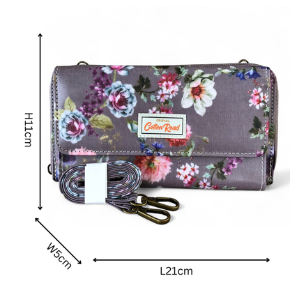 Cotton Road Wallet: Large MAUVE FLORAL PVC Cellphone Sling Wallet