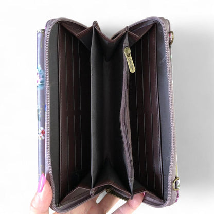 Cotton Road Wallet: Large MAUVE FLORAL PVC Cellphone Sling Wallet