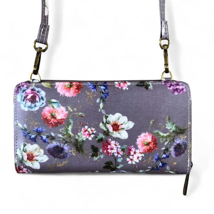 Cotton Road Wallet: Large MAUVE FLORAL PVC Cellphone Sling Wallet