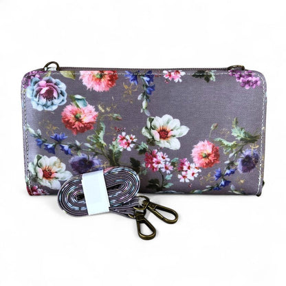Cotton Road Wallet: Large MAUVE FLORAL PVC Cellphone Sling Wallet