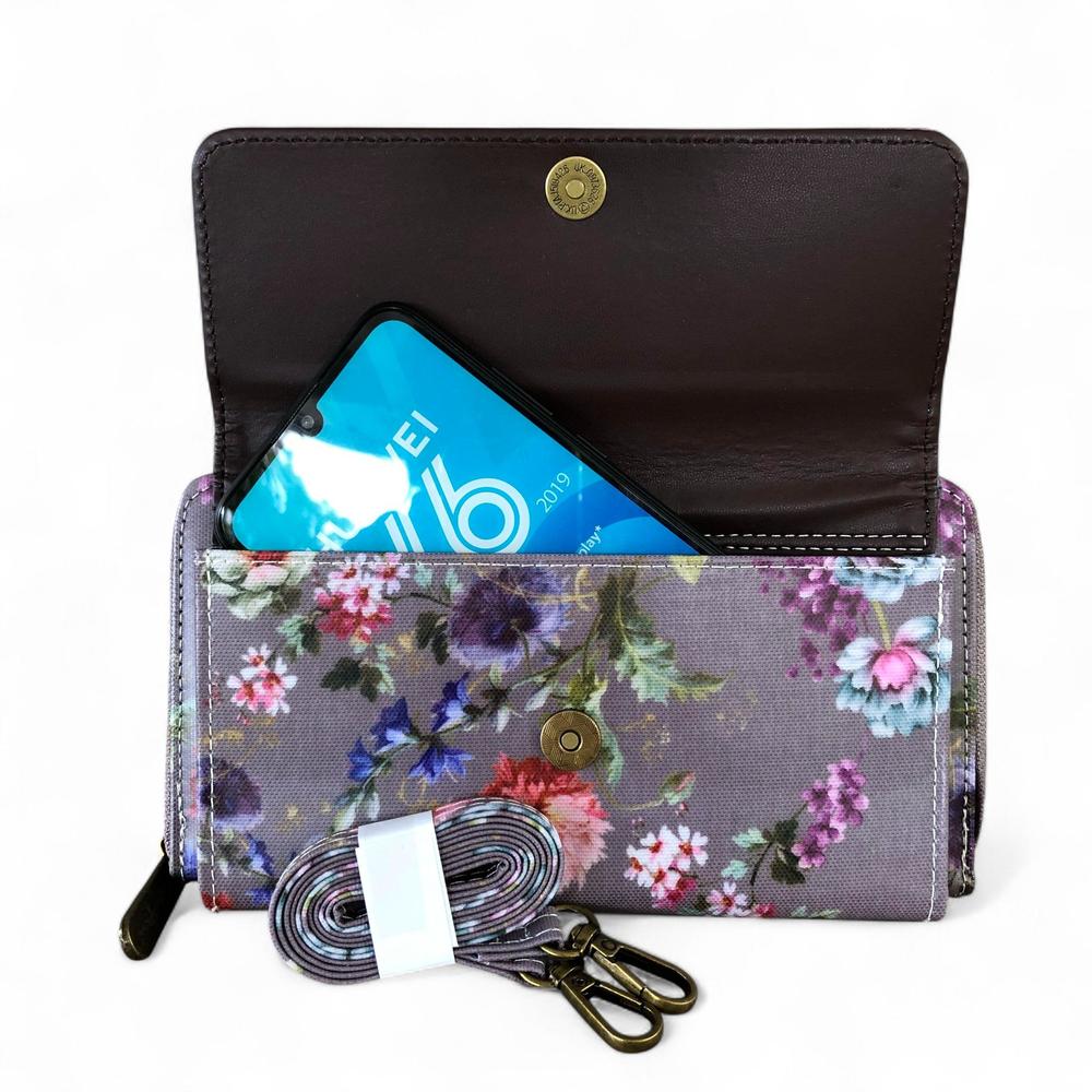 Cotton Road Wallet: Large MAUVE FLORAL PVC Cellphone Sling Wallet