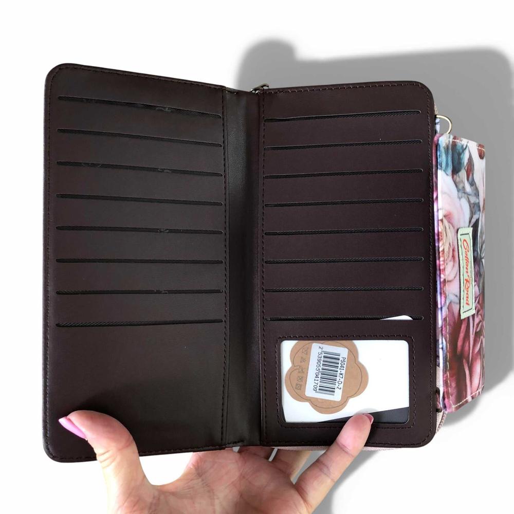 Cotton Road Wallet: Large PINK FLORAL PVC Cellphone Sling Wallet with card segment open