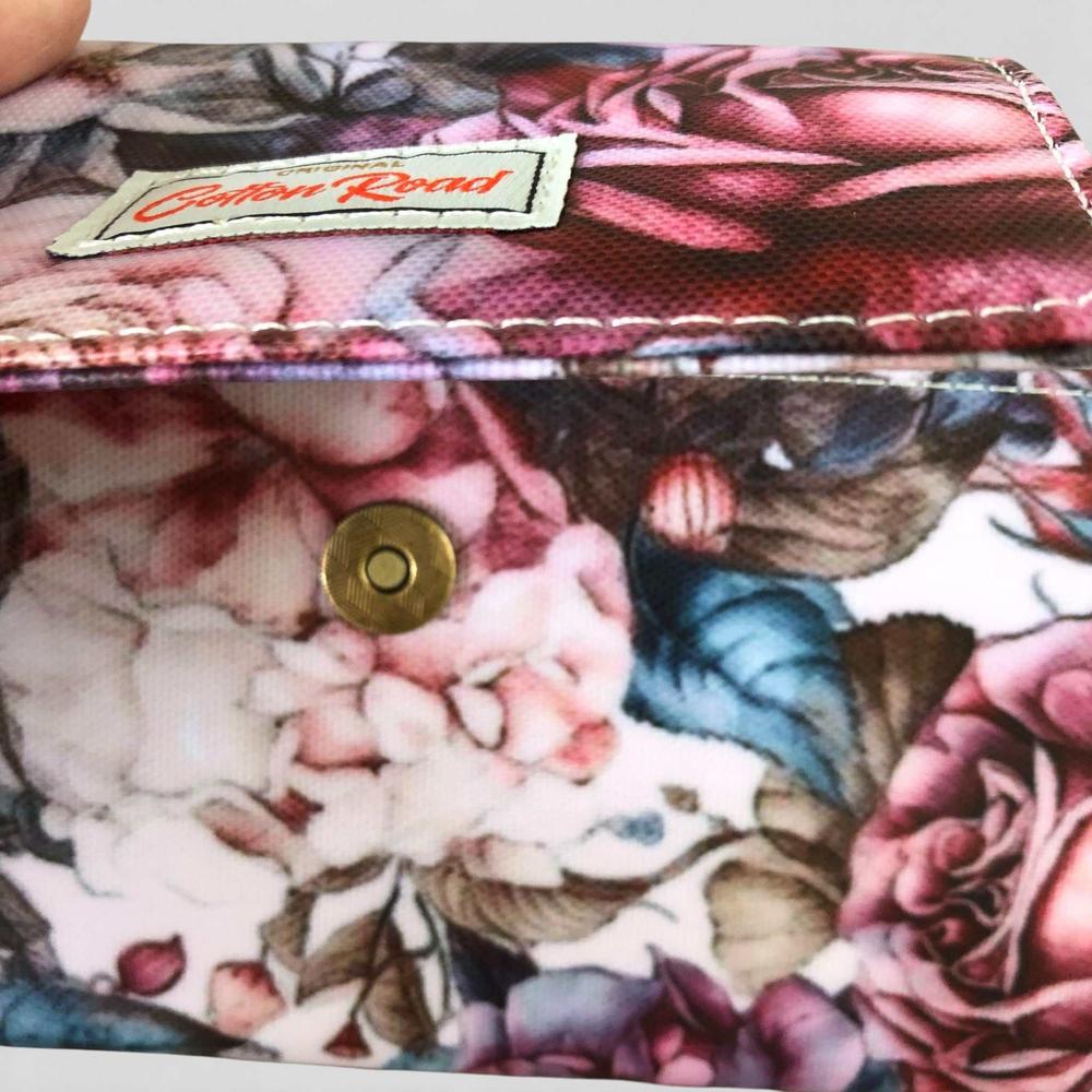 Cotton Road Wallet: Large PINK FLORAL PVC Cellphone Sling Wallet close up view