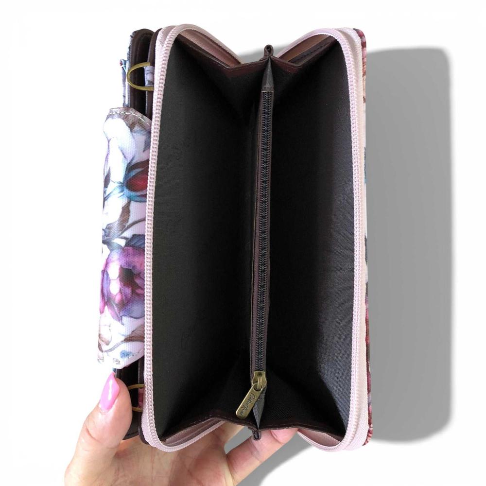 Cotton Road Wallet: Large PINK FLORAL PVC Cellphone Sling Wallet open