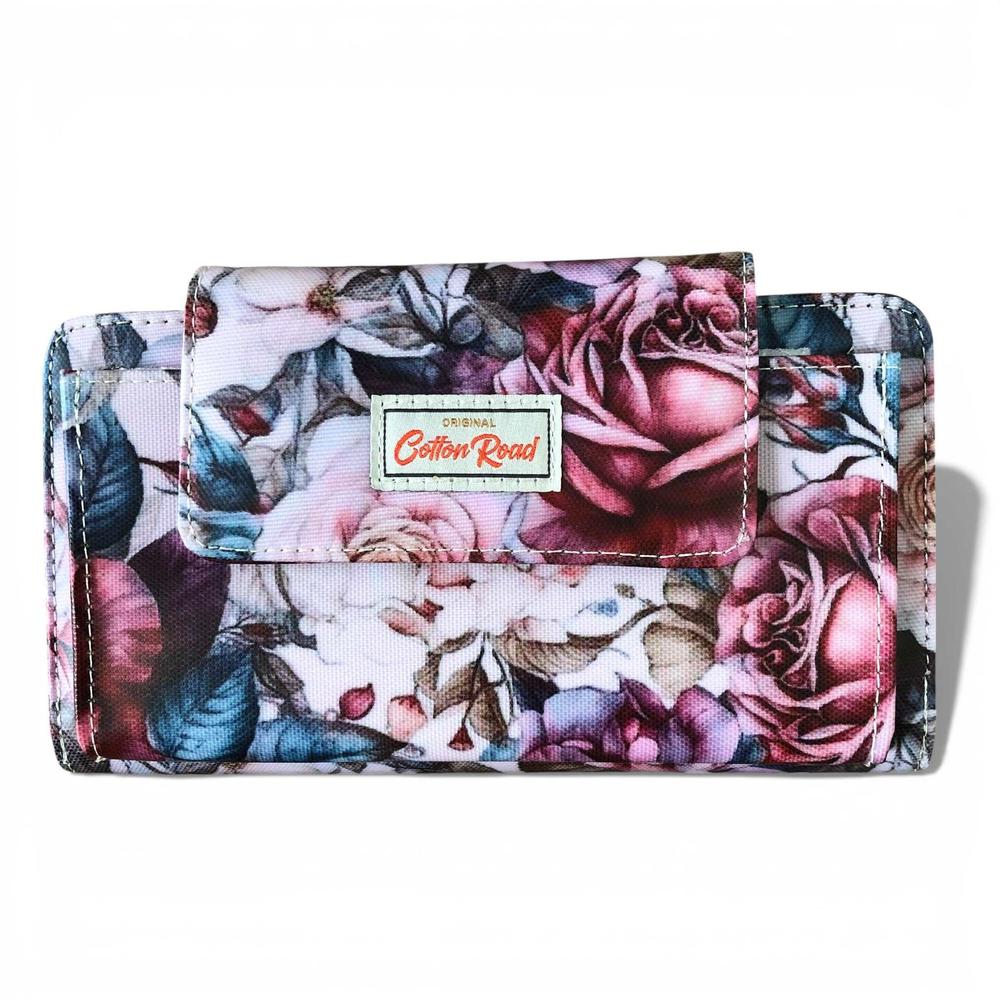 Cotton Road Wallet: Large PINK FLORAL PVC Cellphone Sling Wallet on white background