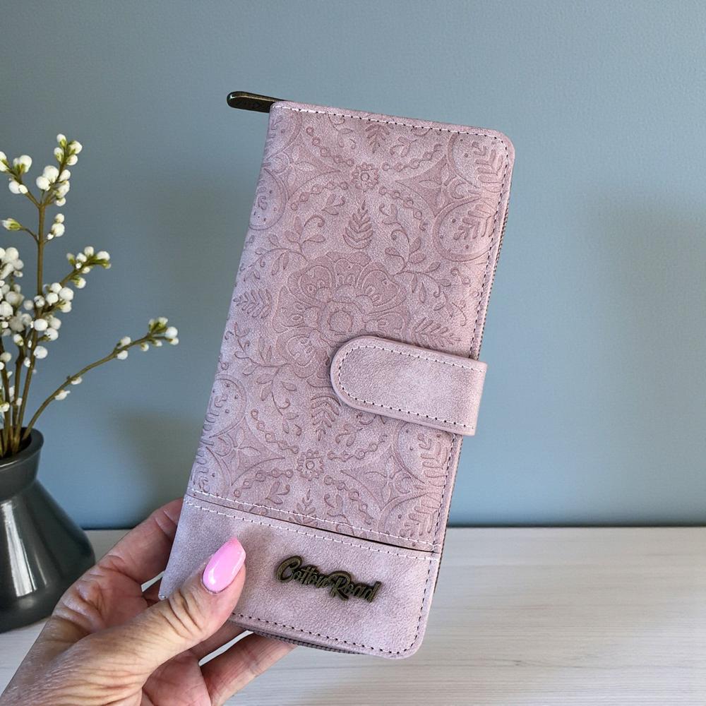 Cotton Road Wallet: Large PINK PU Leather Wallet with EMBOSSED Print