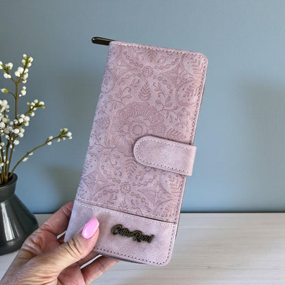 Cotton Road Wallet: Large PINK PU Leather Wallet with EMBOSSED Print