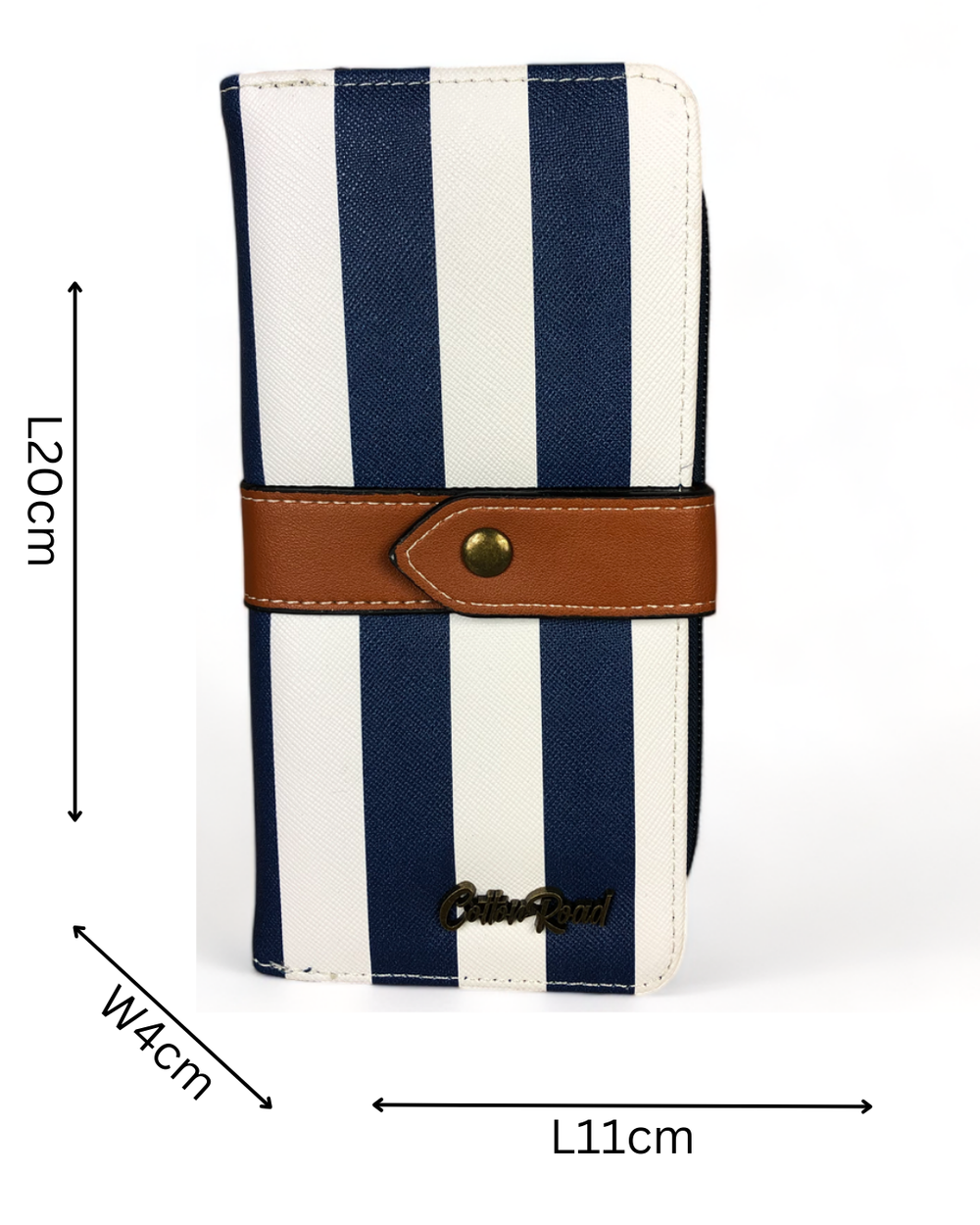 Cotton Road Wallet: NAVY and WHITE PVC Wallet with TAN Strap detailing