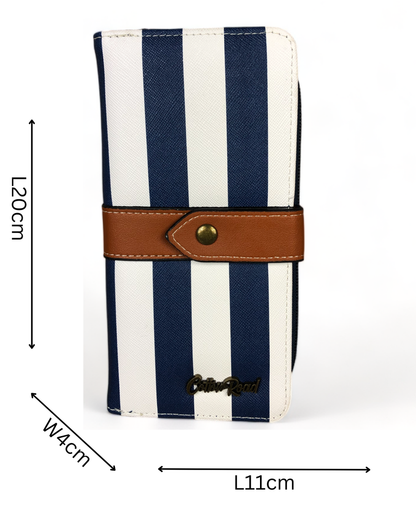 Cotton Road Wallet: NAVY and WHITE PVC Wallet with TAN Strap detailing