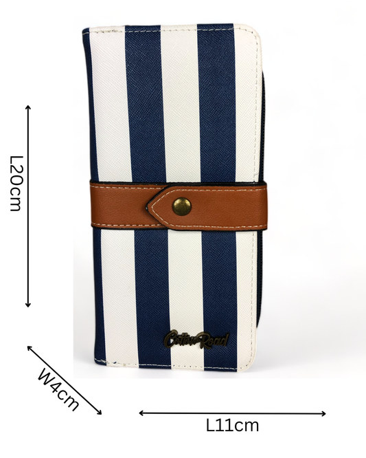 Cotton Road Wallet: NAVY and WHITE PVC Wallet with TAN Strap detailing