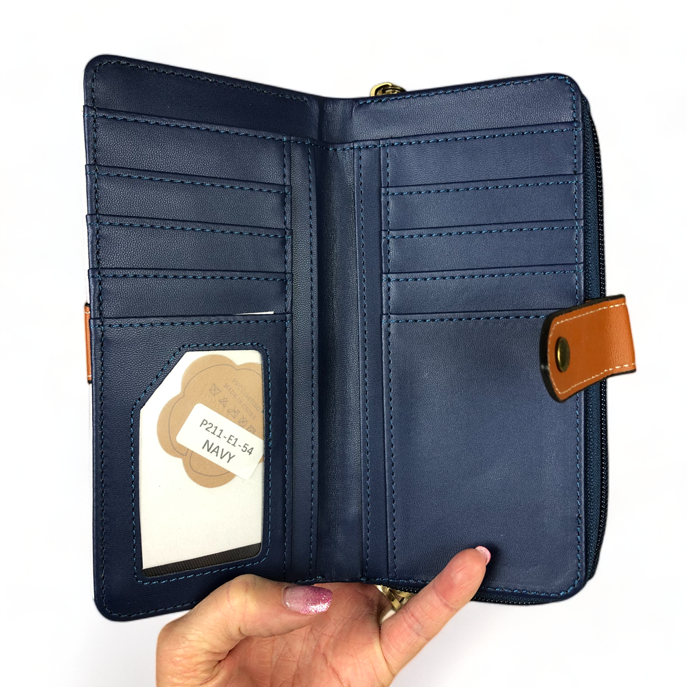 Cotton Road Wallet: NAVY and WHITE PVC Wallet with TAN Strap detailing