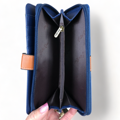 Cotton Road Wallet: NAVY and WHITE PVC Wallet with TAN Strap detailing